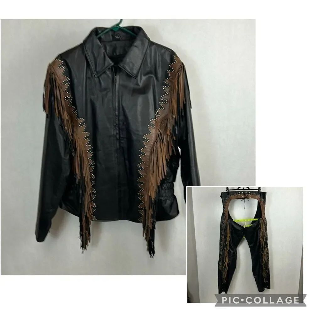 Vtg Studded Leather Fringe Jacket & Chaps Sz XL 80s 90s USA Bikers Black Brown